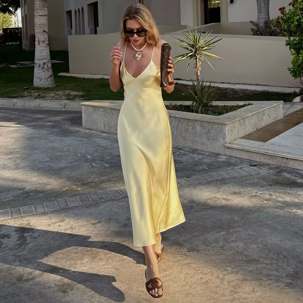Robe Maxi Satin Jaune
